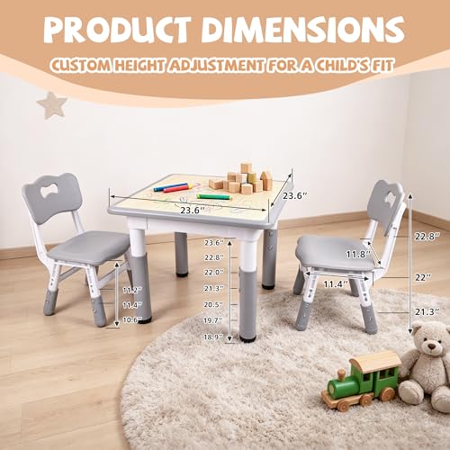 Adjustable Toddler Table and 2 Chairs Set - Wipeable Kids Activity Desk, Grey