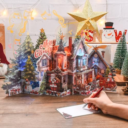 TIKLANA Pop Up Christmas House Card with Lights & Music - 3D Holiday Greeting Card