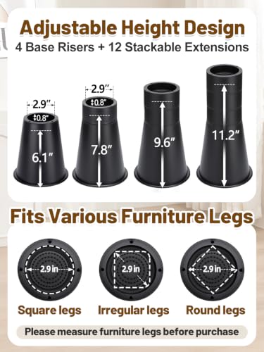 Heavy-Duty Adjustable Bed Risers 12 Inch, 4 Pack Furniture Lifts