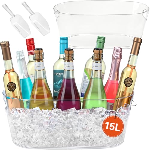 15L Large Ice Bucket for Parties & Events with Scoop - Clear Beverage Tub