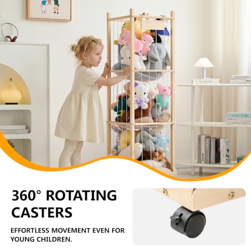 56-Inch Stuffed Animal Storage Zoo Tower with Wheels, Wooden Toy Organizer