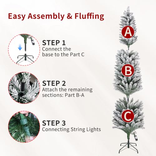 MAKEATREE 7ft Pre-Lit Slim Flocked Artificial Christmas Tree - Sectional, Warm LED Lights