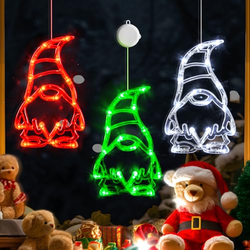 LOLStar 3 Pack Gnomes Christmas Window Lights with Suction Cups - Timer & Fade Mode, Battery Operated