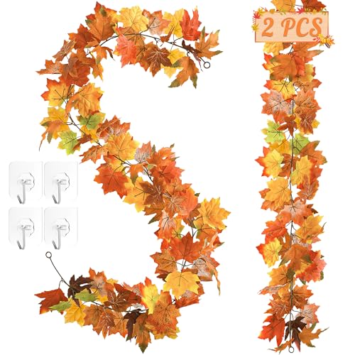 Artificial Fall Maple Leaf Garland - 2 Pack 11.8ft Autumn Decor with Hooks