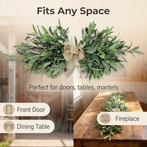26-Inch Artificial Olive Leaf Swag with Burlap Bow for Farmhouse Decor
