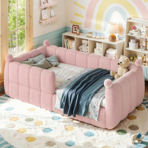 Twin Size Upholstered Montessori Floor Bed with Safety Rails, Pink