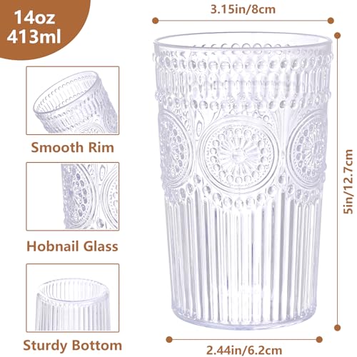 12-Pack 14 oz Embossed Plastic Drinking Glasses, Vintage Ribbed Water Cups