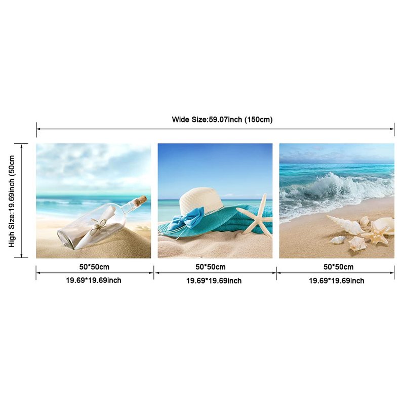 Pyradecor 3 Piece Starfish Seashell Bottle Beach Pictures Paintings on Canvas Prints Wall Art Work for Living Room Home Office Decorations Large Modern Gallery Wrapped Seascape Seaview Artwork