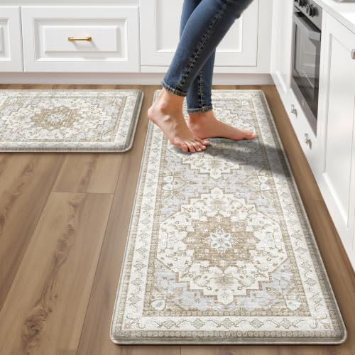 2-Piece Boho Anti-Fatigue Kitchen Mat Set, Waterproof Cushioned Floor Rugs
