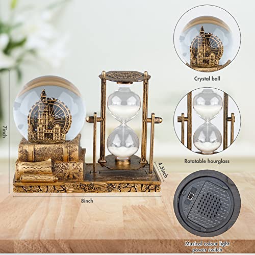 LED Crystal Snow Globe Hourglass with Brass Ferris Wheel Table Decor