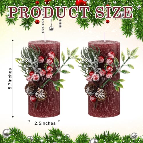 Conelist 2-Pack Burgundy Christmas Pillar Candles 3 x 6in with Pine Branch