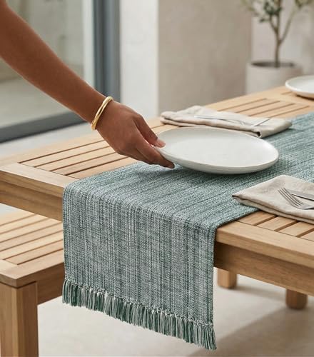 Chambray Table Runner with Fringes - Forest Green & H.White