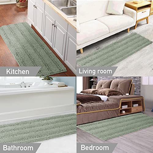 Turquoize Sage Green Chenille Bathroom Rug Runner, 47x17 Non-Slip Bath Mat