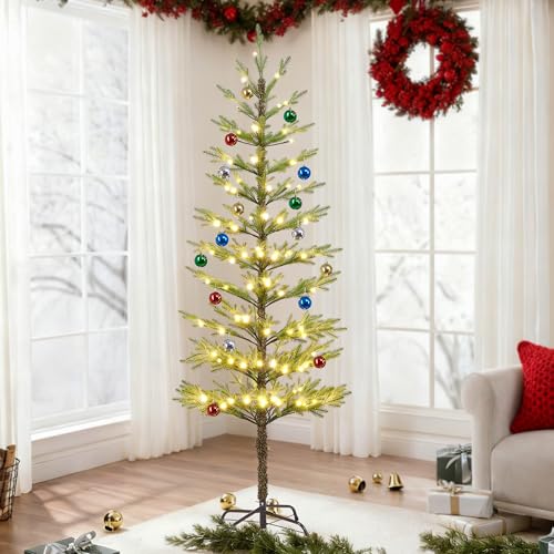LIGHTSHARE 6FT Green Warm White Evergreen Pine Needle Christmas Tree with Ornaments, Remote & Dimmable, Holiday Decor