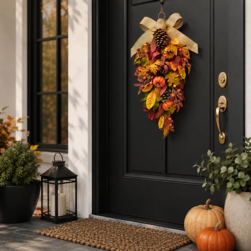 25-Inch Fall Teardrop Swag with Pumpkins, Pinecones and Burlap Bow