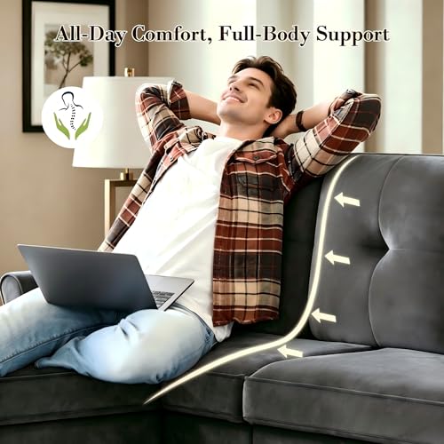 83-Inch Velvet L-Shaped Sectional Sofa with Ottoman for Small Living Rooms