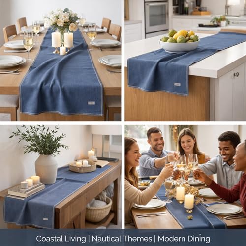 Jojomia Indigo Blue Turkish Cotton Table Runner 27x70in, Farmhouse Decor, Machine Washable