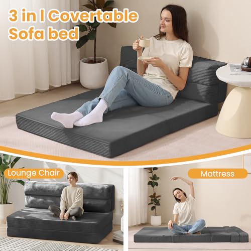 3-in-1 Foldable Full Size Sofa Bed, 5-Inch Memory Foam Floor Couch