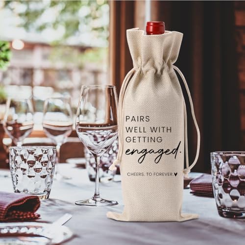 Engagement Wine Bottle Bag - Burlap Drawstring Gift Bag for Couples