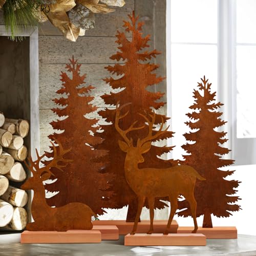 KPX Set of 5 Metal Christmas Tree and Deer Tabletop Decor, Rusty