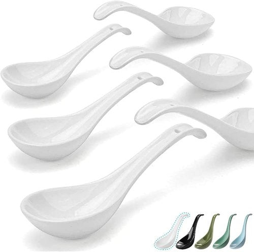 Artena Bright White Soup Spoons Set of 6 - Ultra-Fine Porcelain for Ramen, Pho & Cereal | Deep Oval Hook Design