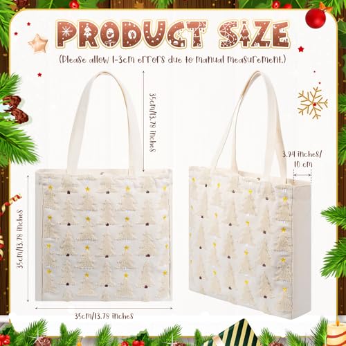 Abbylike Christmas Embroidery Tote Bag – White Canvas with Xmas Tree Design, Creamy White