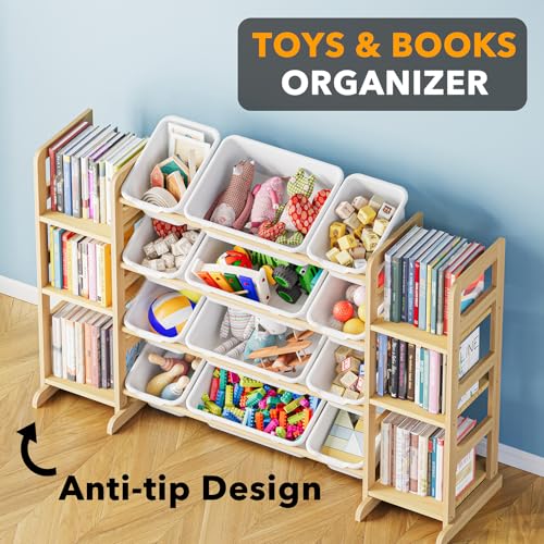 Kids Toy Storage Organizer Shelf with Bookshelf & 12 Bins, 52.3" W