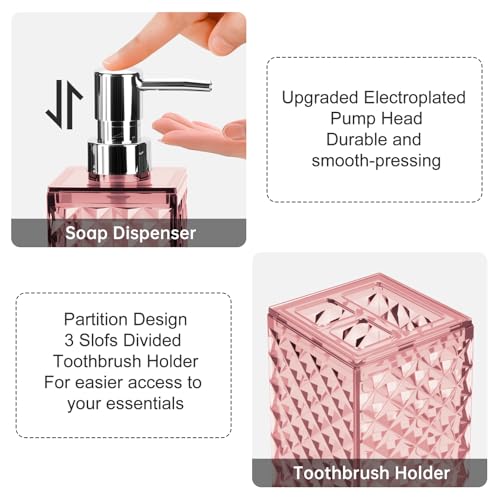 2-Piece Pink Bathroom Accessory Set, Diamond Pattern Soap Dispenser