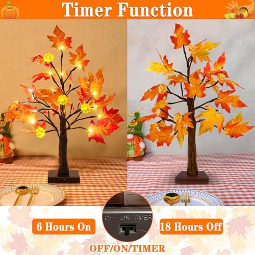 Prelit Fall Maple Tree Decor - 18 Inch, 2 Pack with Timer & LEDs