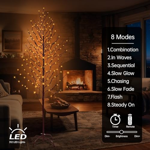 Remon 7Ft LED Birch Tree with 312 Lights, Twinkle Modes & Timer - Indoor & Outdoor Decor