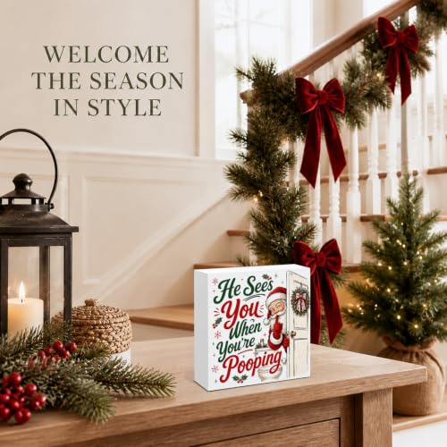 SOFEGY Funny Christmas Bathroom Decorations—He Sees You When You're Pooping Sign (Bathroom Variation)