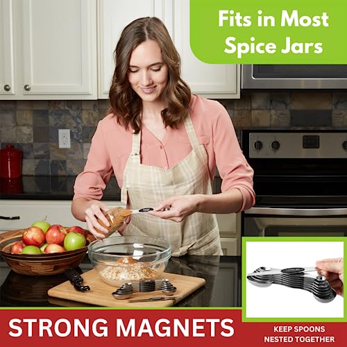 Magnetic Stainless Steel Measuring Spoons Set of 8 with Leveler - Black