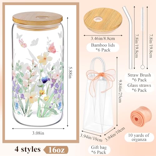 Mumufy 6-Piece Wildflower Glass Cups Set with Lids & Straws - 16 oz
