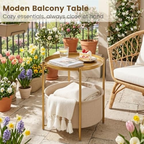 danpinera Gold Side Table with Removable Basket & Tray - Small Round Living Room Nightstand - Variation 1