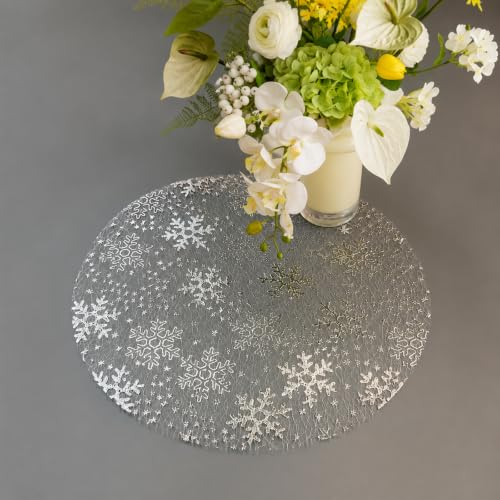 Silver Winter Snowflake Placemats 25-Pack, Disposable Mesh Round Mats