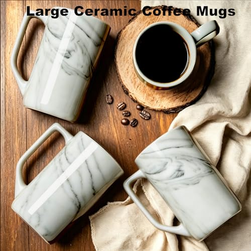 Grey Marble Coffee Mug Set of 4 - 16 oz Large Ceramic Tea Cups with Handle