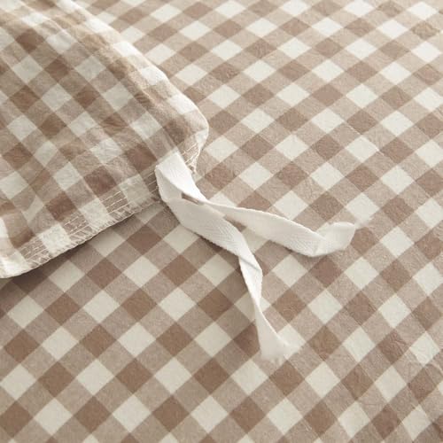 Queen Cotton Gingham Duvet Cover Set - Brown Tan Plaid Bedding with Ties