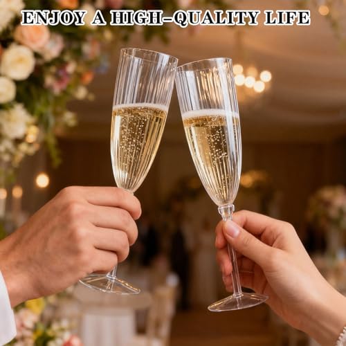EHLOPMN 24 Pack 6oz Clear Striped Plastic Champagne Flutes – Disposable & Reusable