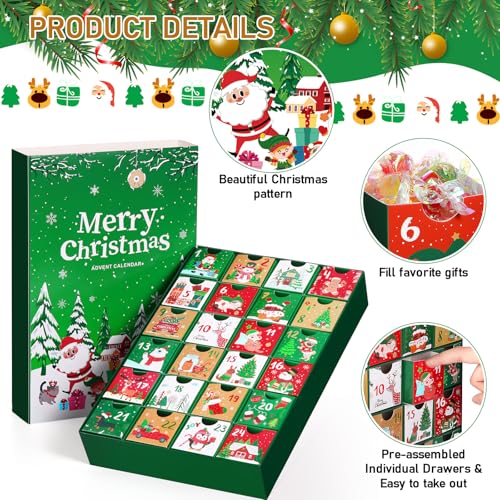 Containlol Christmas Advent Calendar Boxes 24 Days Advent Countdown Gift Boxes Christmas Cardboard Number Empty Boxes Xmas Holiday Decoration for Fill Your Own Gift Box(Green)