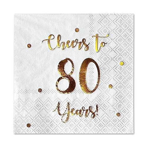 Cheers to 80 Years Cocktail Napkins - Gold Foil 80th Birthday Party Supplies
