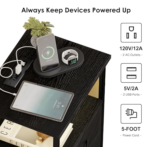 Black LED Nightstand with Charging Station, 2 Fabric Drawers & USB Ports