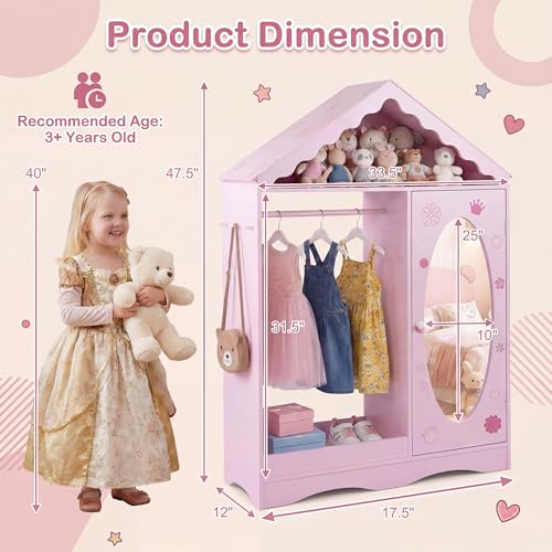 Kids Dress Up Storage Wardrobe with Mirror, Rooftop Closet Organizer for Girls