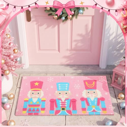 Pink Christmas Nutcracker Doormat - 27.6 x 15.7 Inch PVC Loop Pile Welcome Rug with Snowflakes