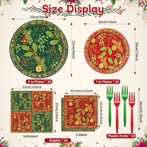 Christmas Paper Plates and Napkins Party Set with Holly Leaf Red Berry Design - Serves 24, Disposable Holiday Tableware