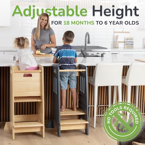 Adjustable Wooden Toddler Learning Tower with Safety Door & Non-Slip Steps
