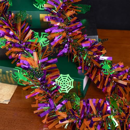 33ft Halloween Metallic Tinsel Garland with Green Spider Web Ornaments