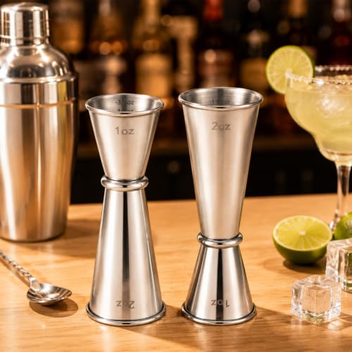 Premium Stainless Steel Double Jigger for Bartending - 1oz and 2oz Measuring Cups, Professional Cocktail Tool Set