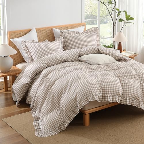 Tan Gingham Ruffle Duvet Cover Set - 3 Piece Soft Washed Farmhouse Bedding