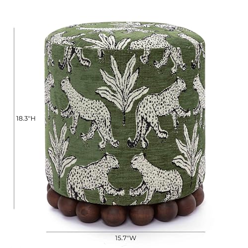 Olive Green Leopard Jacquard Ottoman with Spherical Wood Base