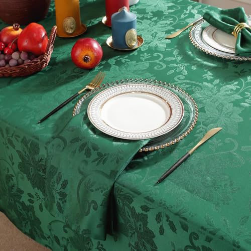 SASTYBALE Green 60x84 Inch Poinsettia Jacquard Christmas Tablecloth, Heavy Duty Wipeable
